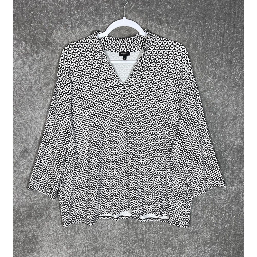 Talbots Plus Stretch Top Womens Size 3X Black White Geometric V-Neck 3/4 Sleeves